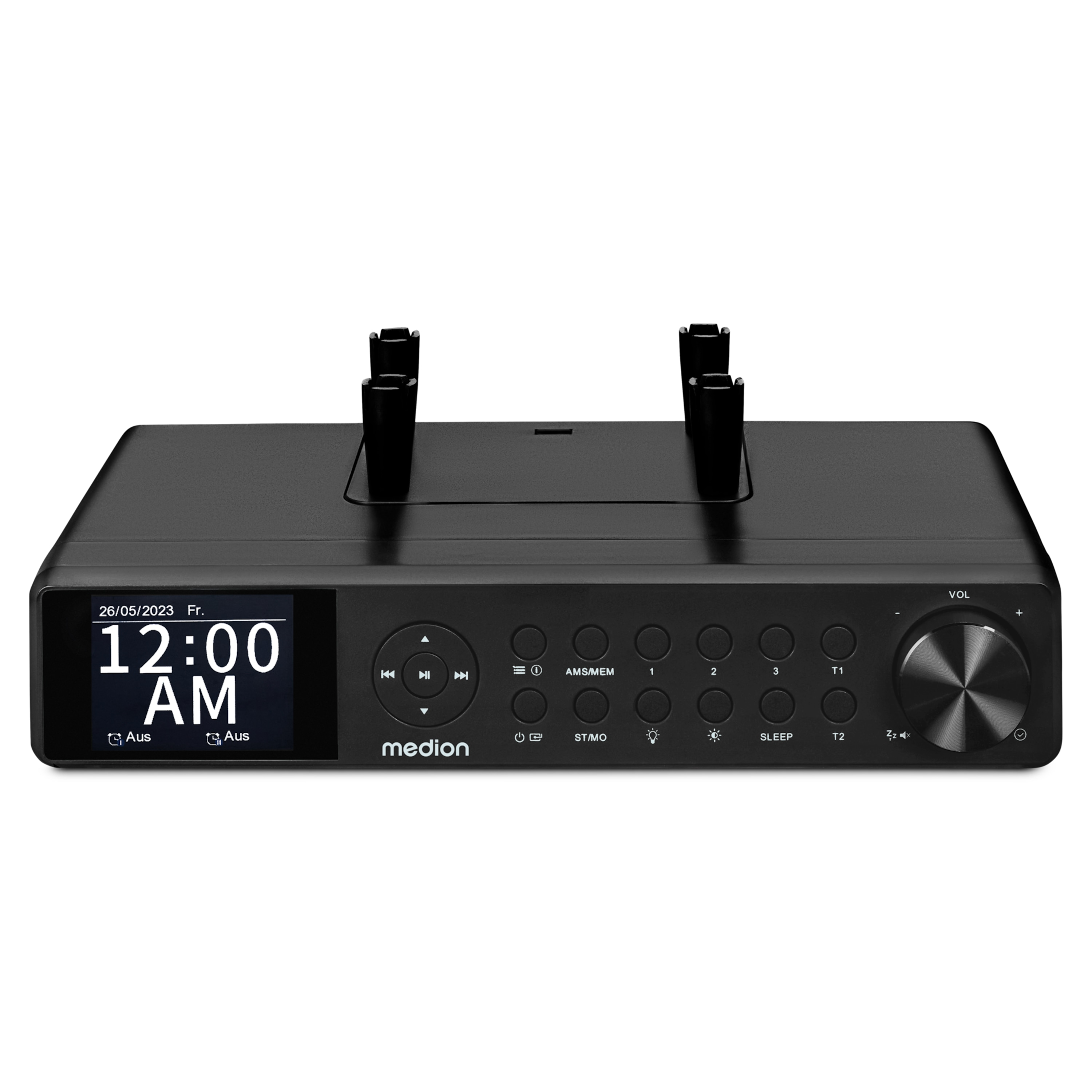 Black digital alarm clock with buttons and a rotary dial.