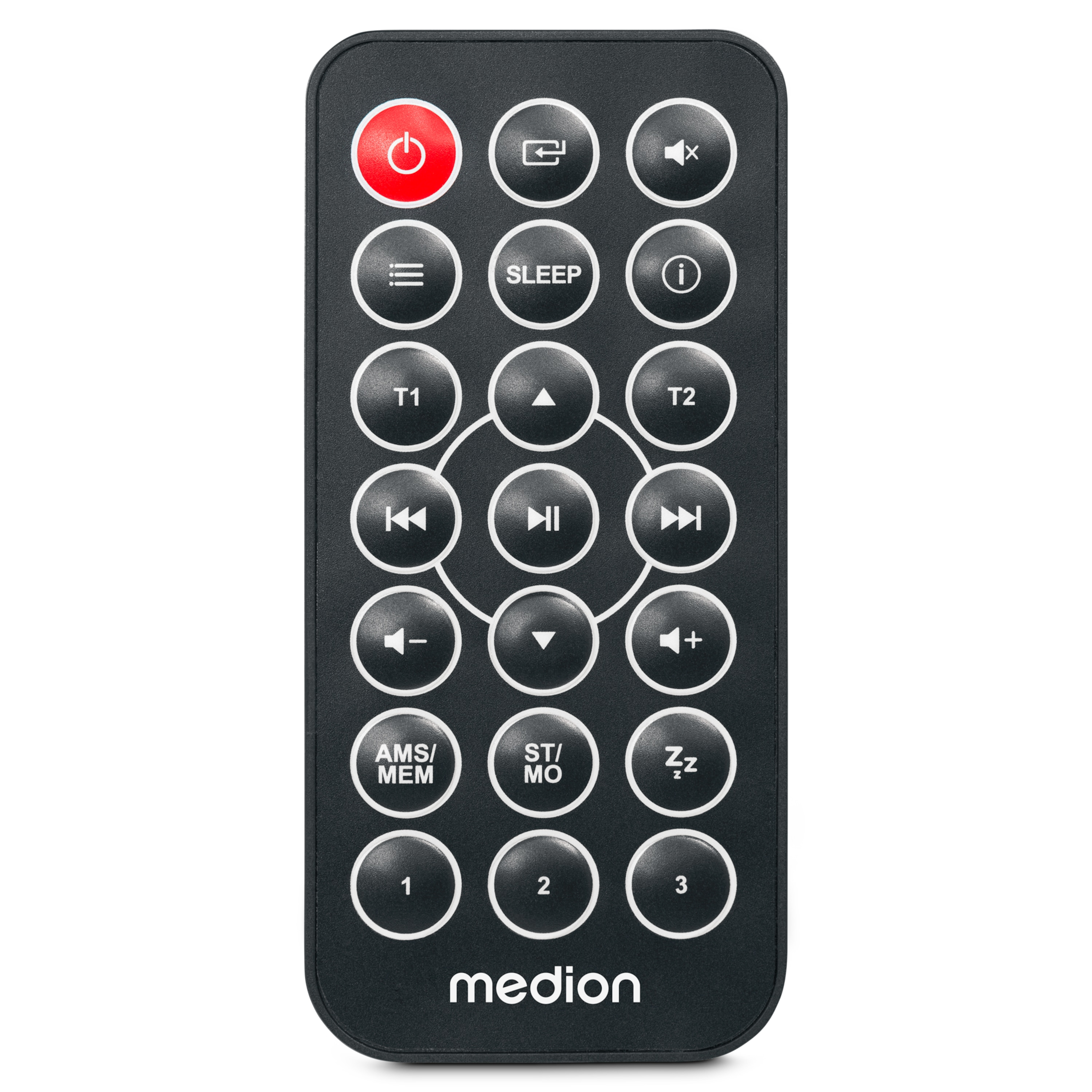 Black Medion remote control with red and white buttons for various functions.