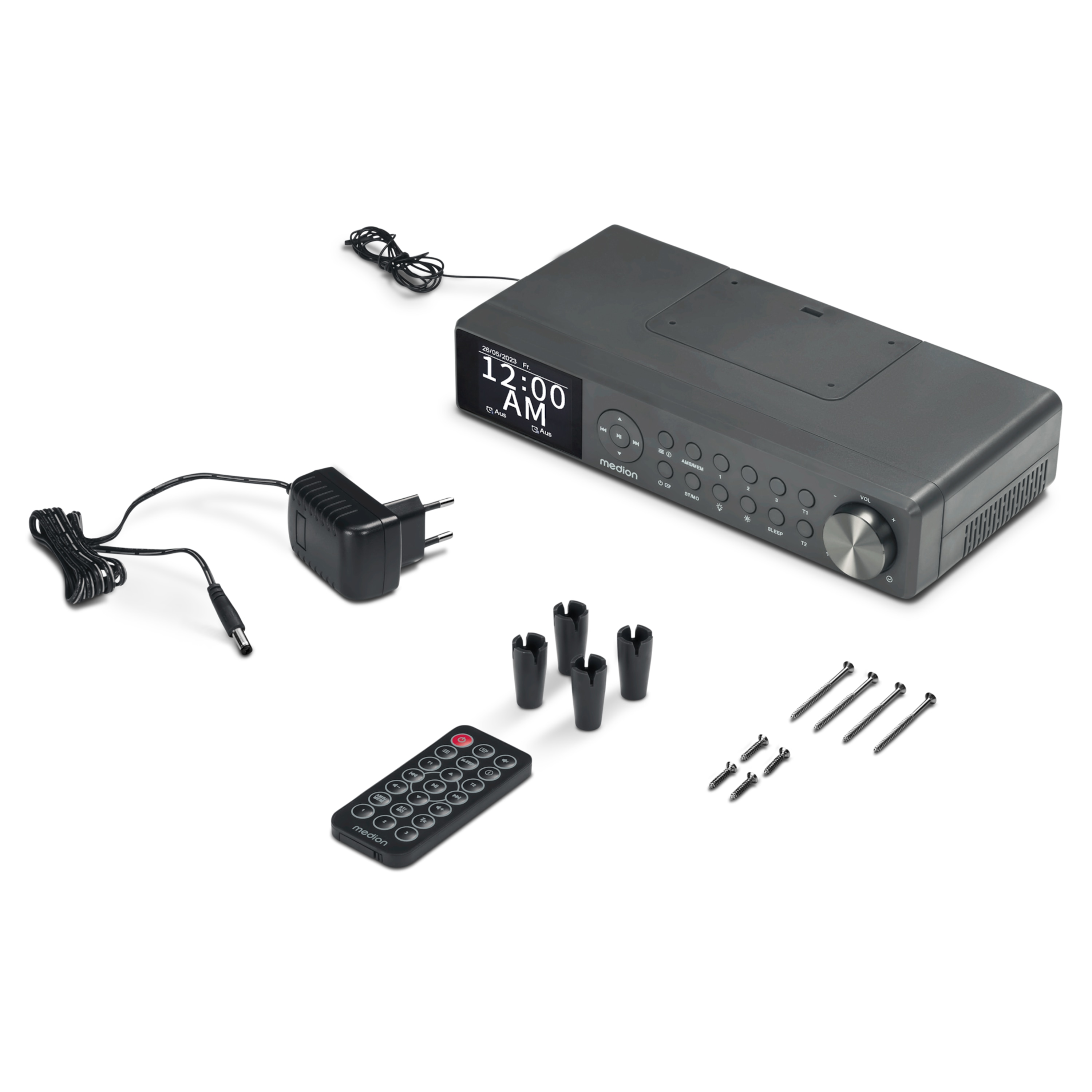 A Medion radio alarm clock with remote, power adapter, and accessories on a white background.