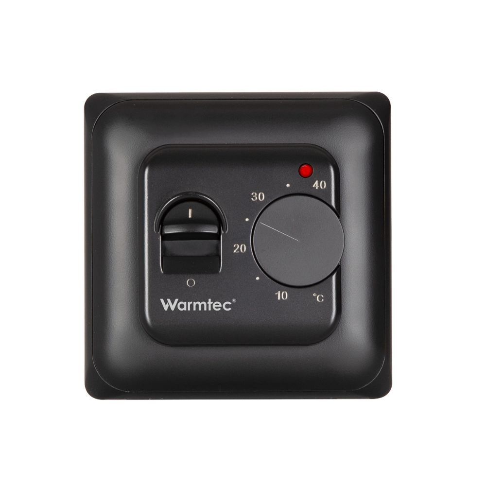 Czarny termostat z pokrętłem i suwakiem, oznaczony 10-40°C.