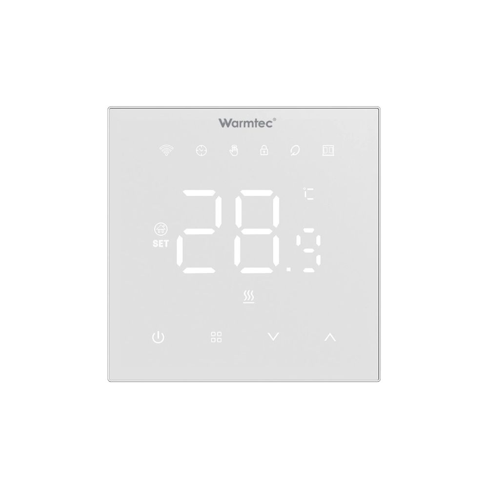 Biały termostat pokazuje 28,9 stopnia. Ikony WiFi, zamka, domu, zegara.