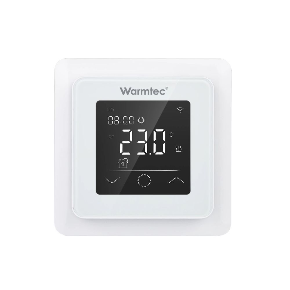 Biały termostat cyfrowy wyświetlający 23,0 stopnia na ekranie.