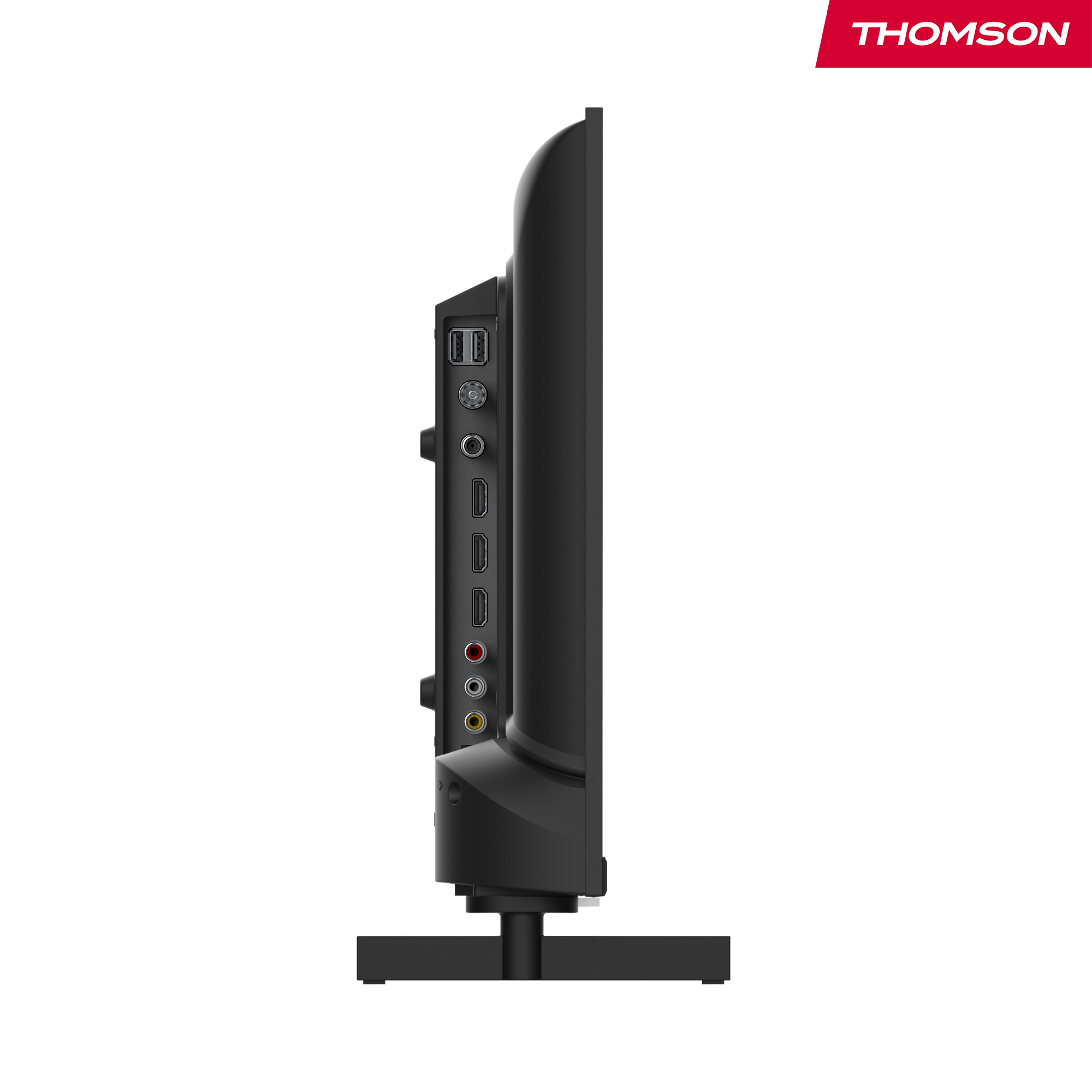 Vista trasera de un televisor negro con puertos y logo Thomson.
