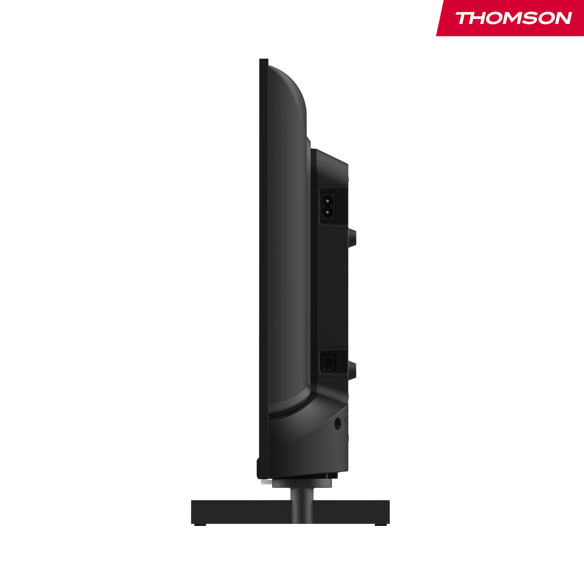 Televisor negro en perfil lateral sobre un soporte.