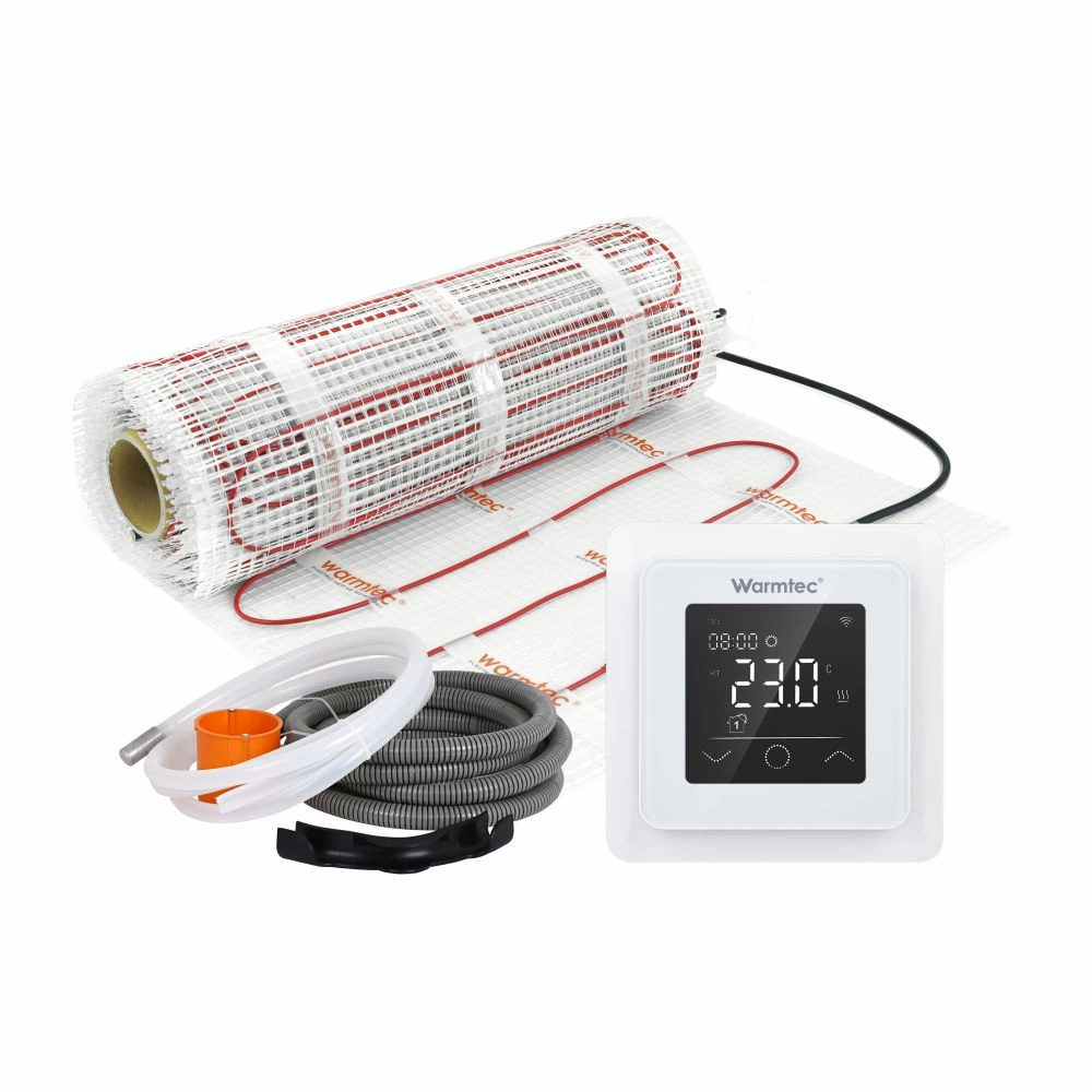 Mata grzewcza podłogowa z termostatem, wężem i akcesoriami.