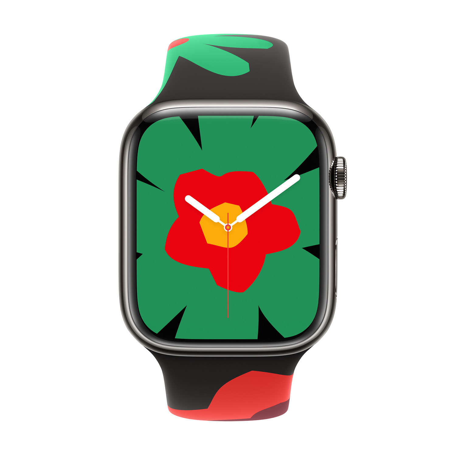 Uno smartwatch con quadrante e cinturino floreale colorato.