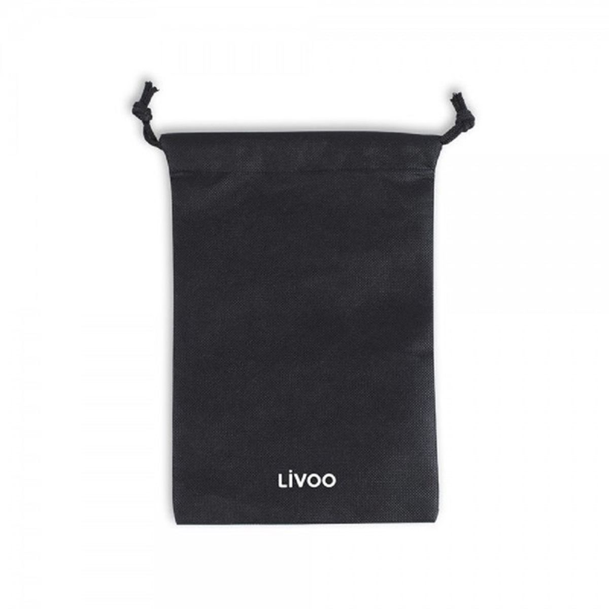 Schwarzer Stoffbeutel mit Kordelzug und dem Logo "Livoo".