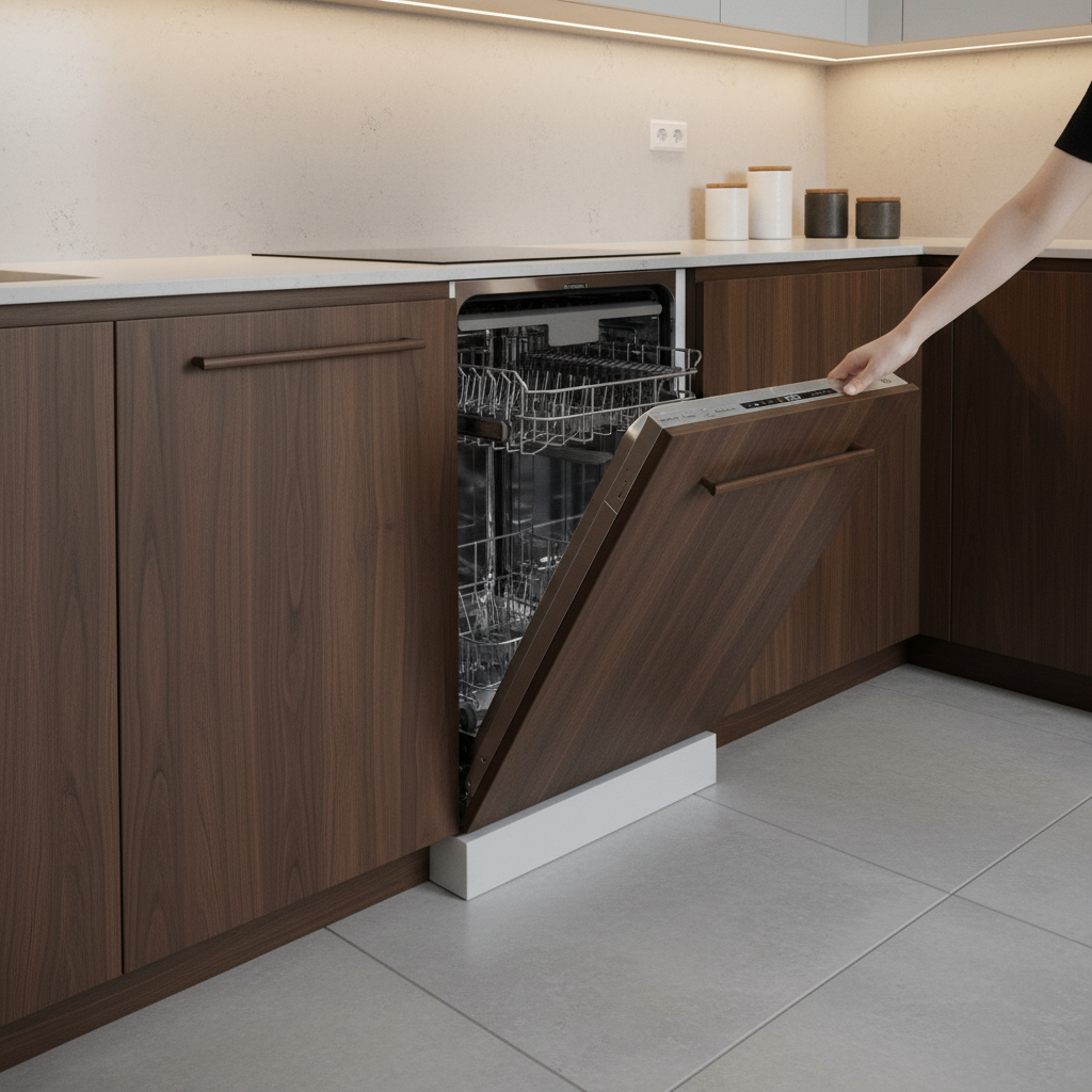 Una mano abre el lavavajillas con frentes de madera oscura en una cocina moderna.