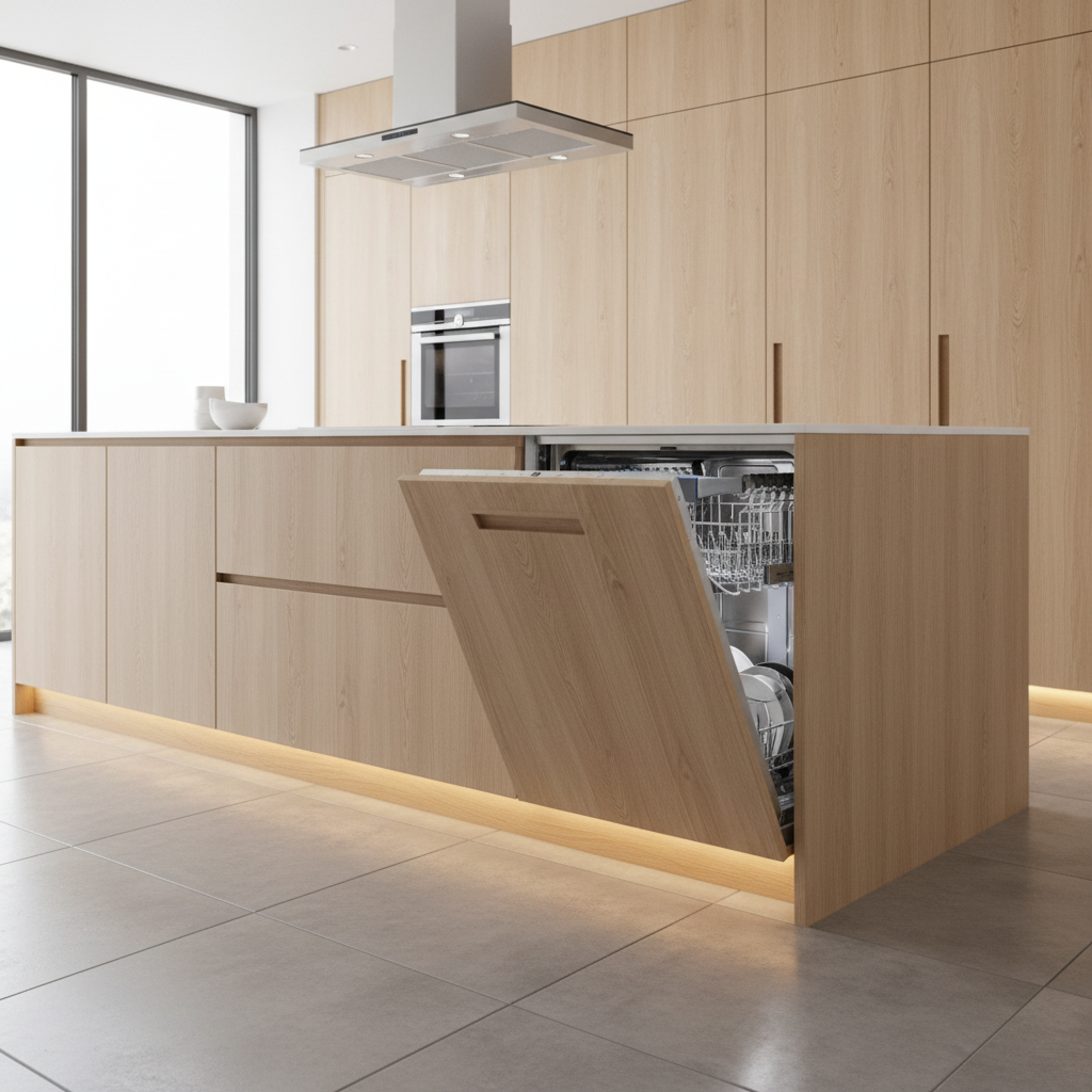 Moderna cocina de madera con lavavajillas abierto y campana extractora.