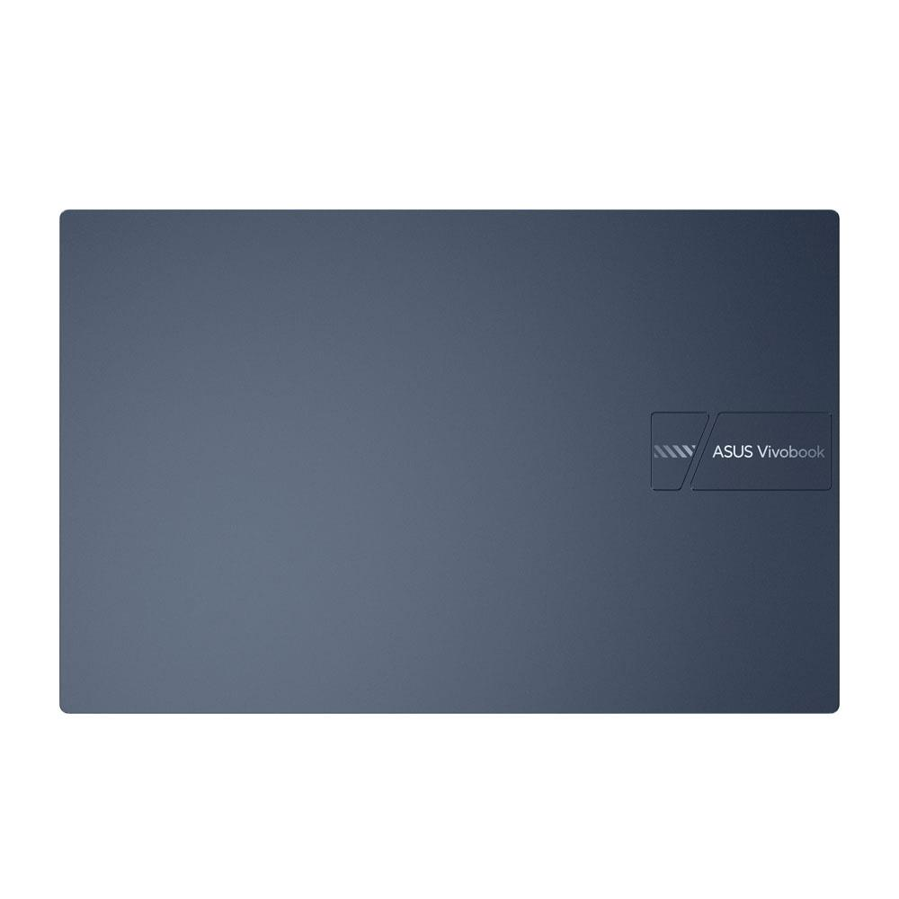 Sağda Asus Vivobook logosu bulunan lacivert dizüstü bilgisayar yüzeyi.