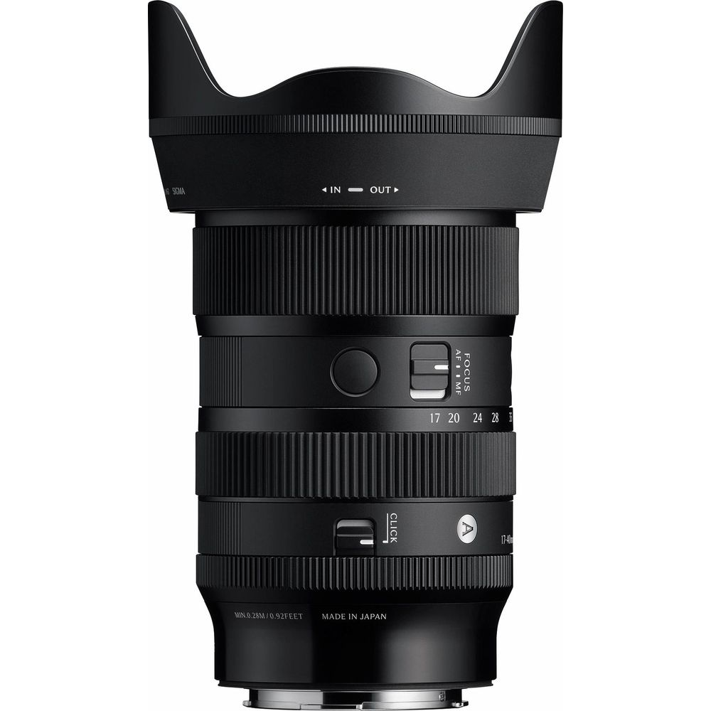 Schwarzes Kameraobjektiv mit Zoomring und Fokusknopf. Beschriftungen: SIGMA, IN/OUT, FOCUS AF/MF, 17-40mm.