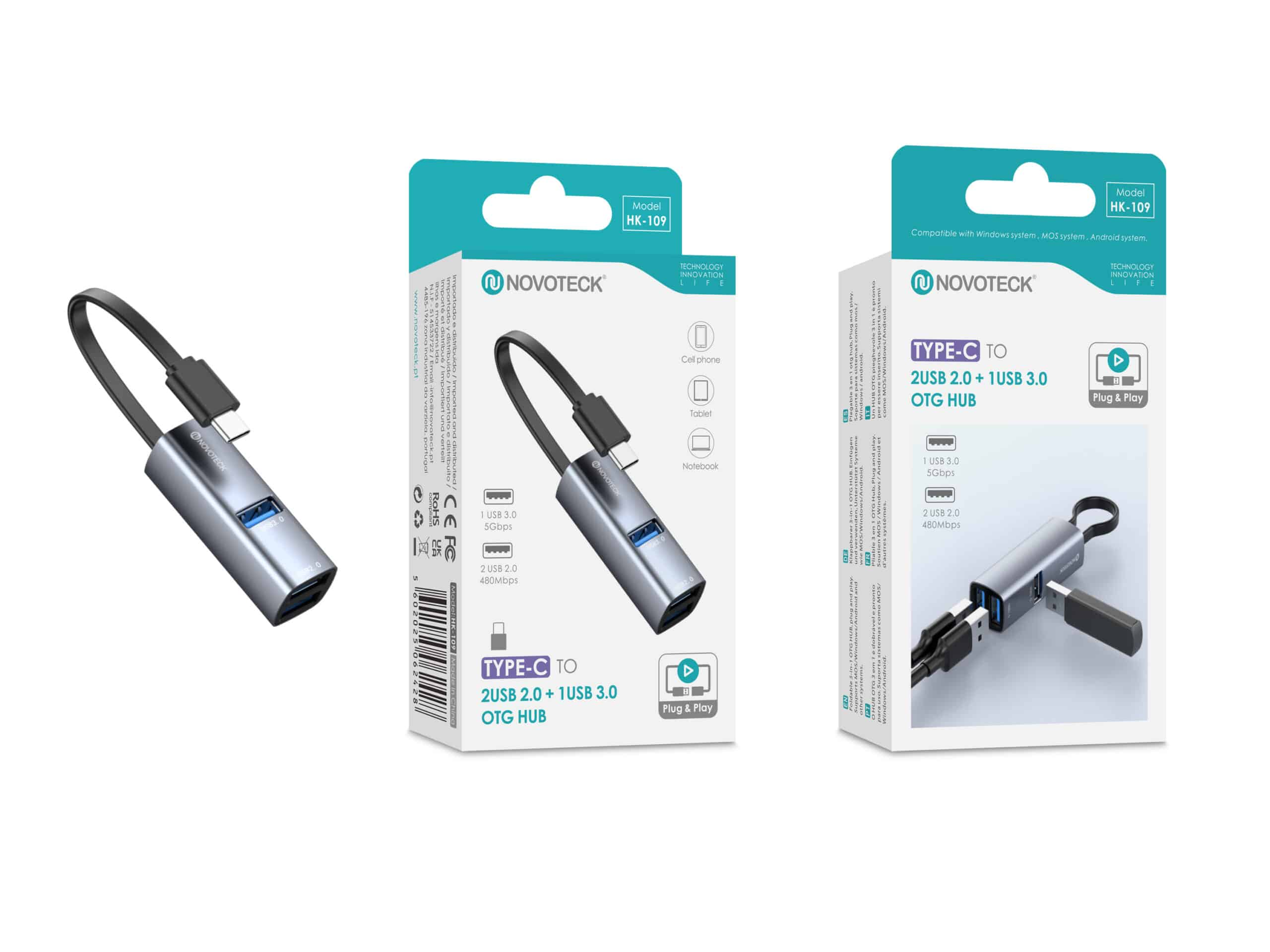 Hub OTG Novoteck Tipo-C con 2 puertos USB 2.0 y 1 USB 3.0.
