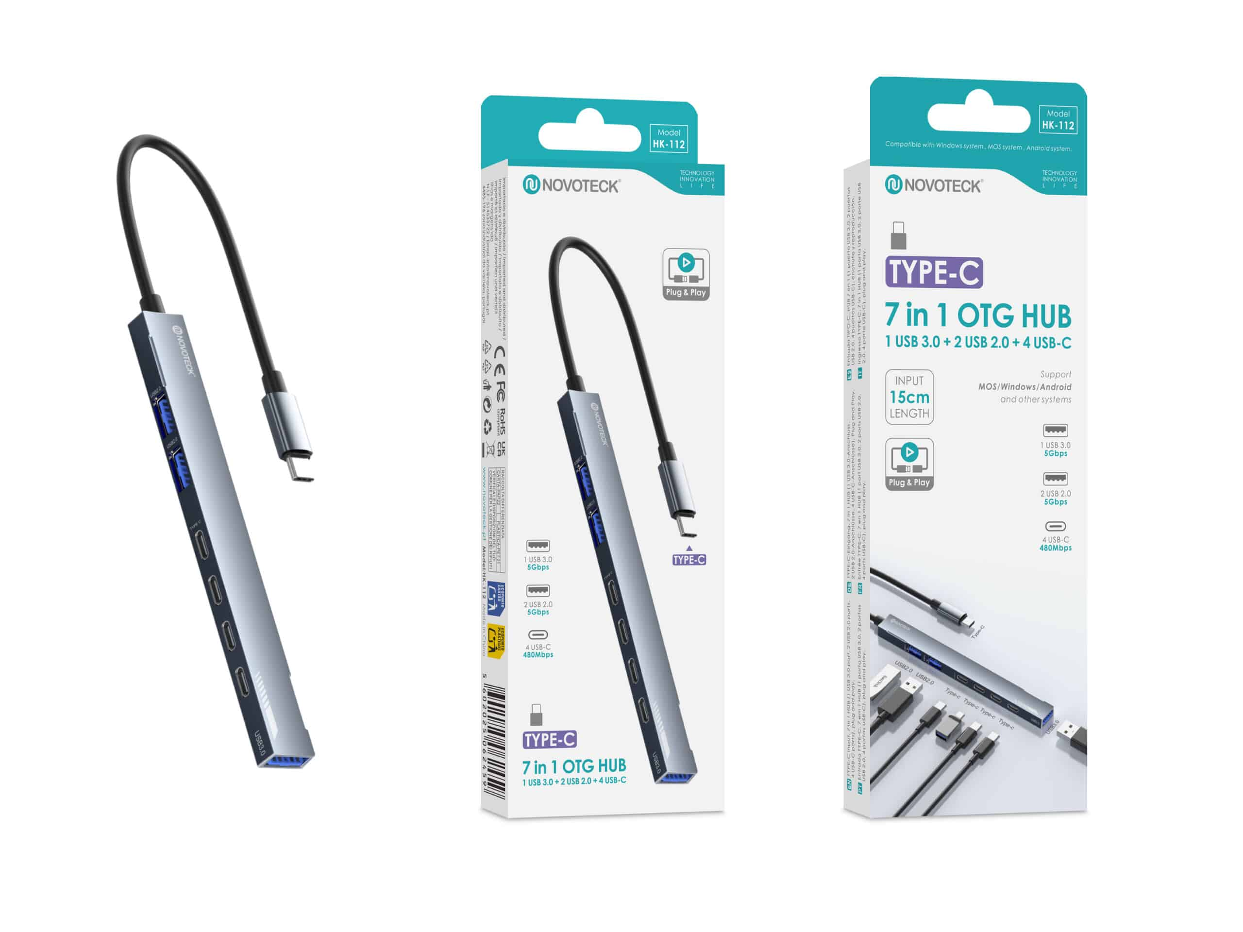 Hub OTG Novovotek Tipo-C 7 en 1 con puertos USB 3.0, USB 2.0 y USB-C.