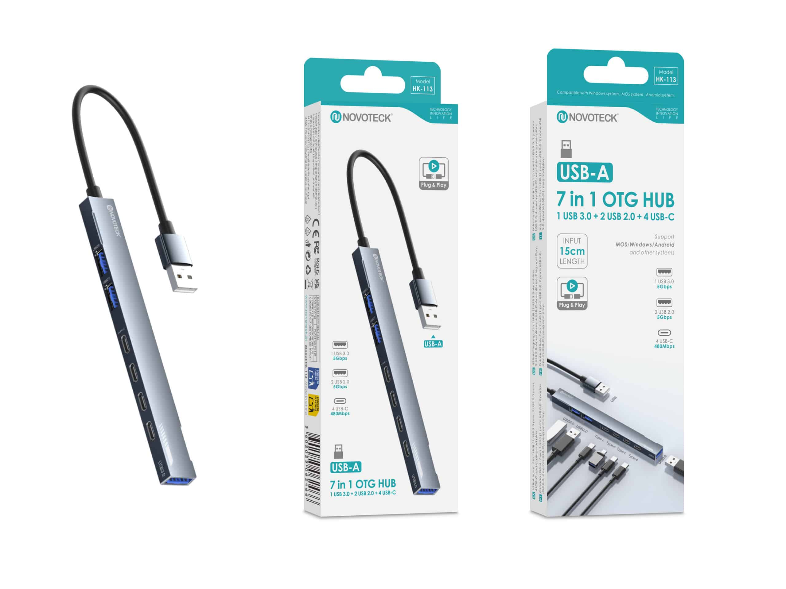 Un hub OTG plateado Novotech USB-A 7 en 1 con un puerto USB-A y cuatro puertos USB-C.