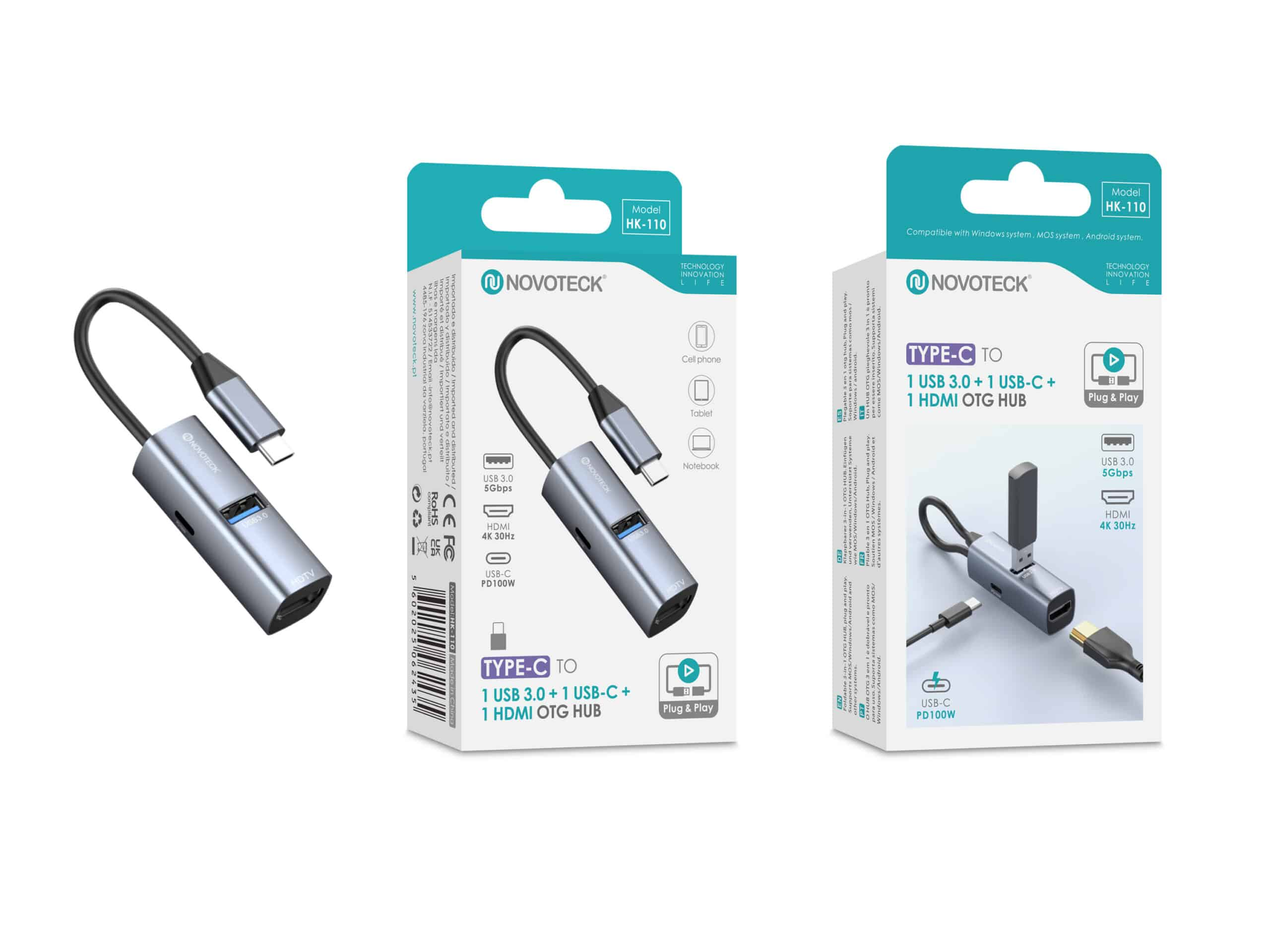 Hub NOVOTECK Tipo-C con 1x USB 3.0, 1x USB-C, 1x HDMI. Gris.