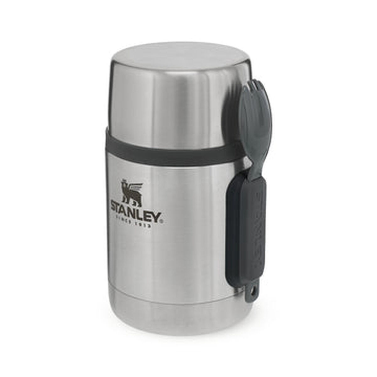 Termo de comida Stanley plateado con utensilio integrado, fondo blanco.