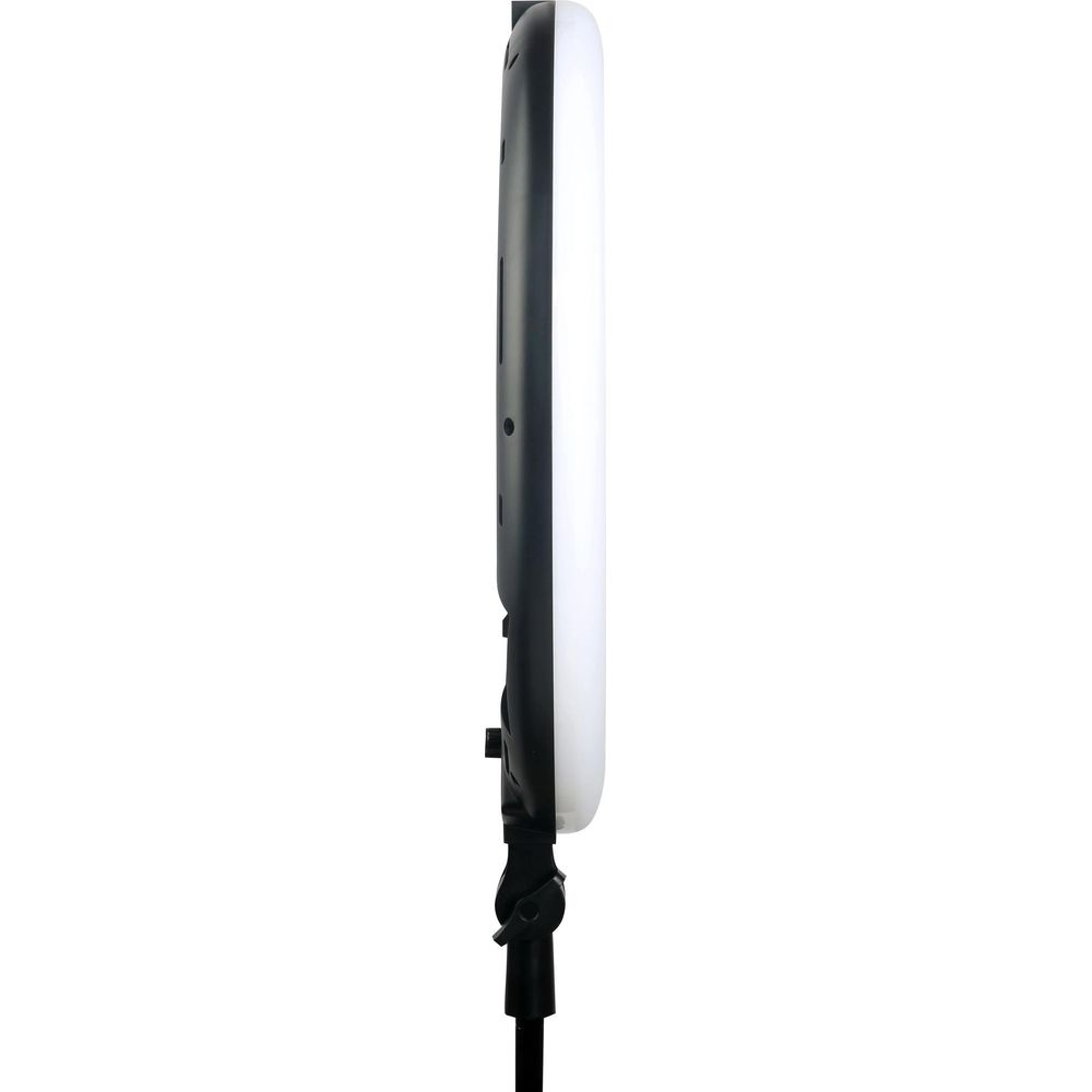 Un support de lumière annulaire noir avec diffuseur blanc, isolé sur fond blanc.