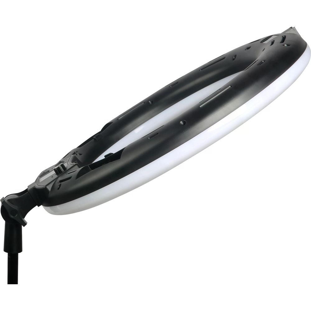 Un illuminateur annulaire noir et blanc avec fixation pour trépied.