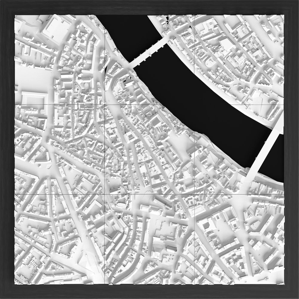 Une carte 3D de ville blanche avec une rivière sombre et des ponts.