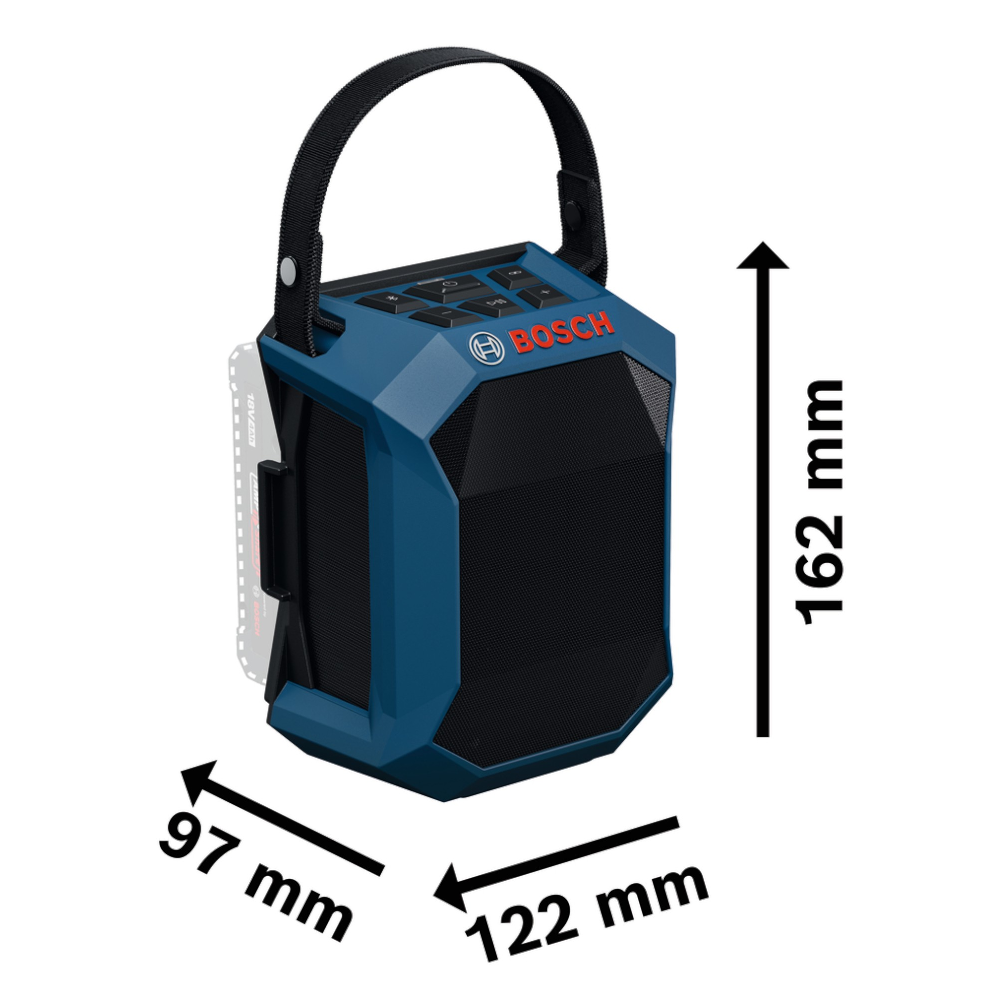 Altoparlante Bosch blu con manico e dimensioni 97x122x162mm.