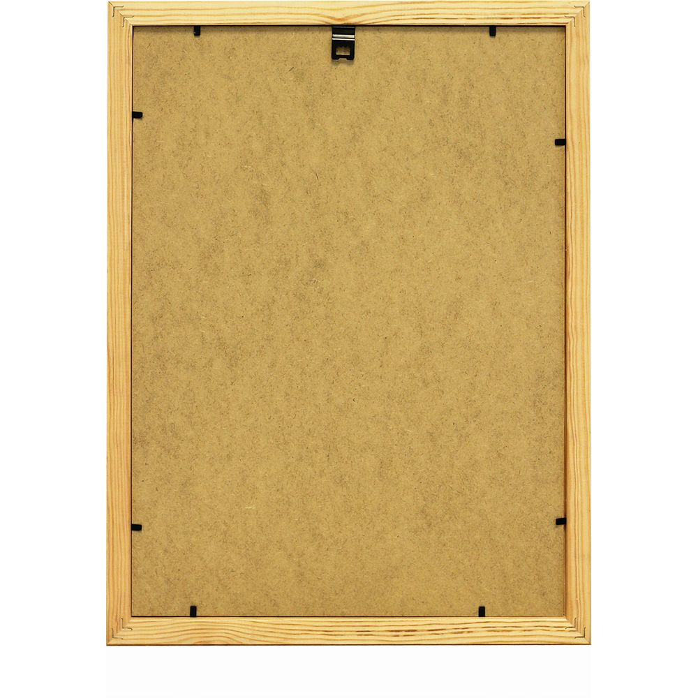 Arrière d'un cadre en bois avec carton brun et clips métalliques.