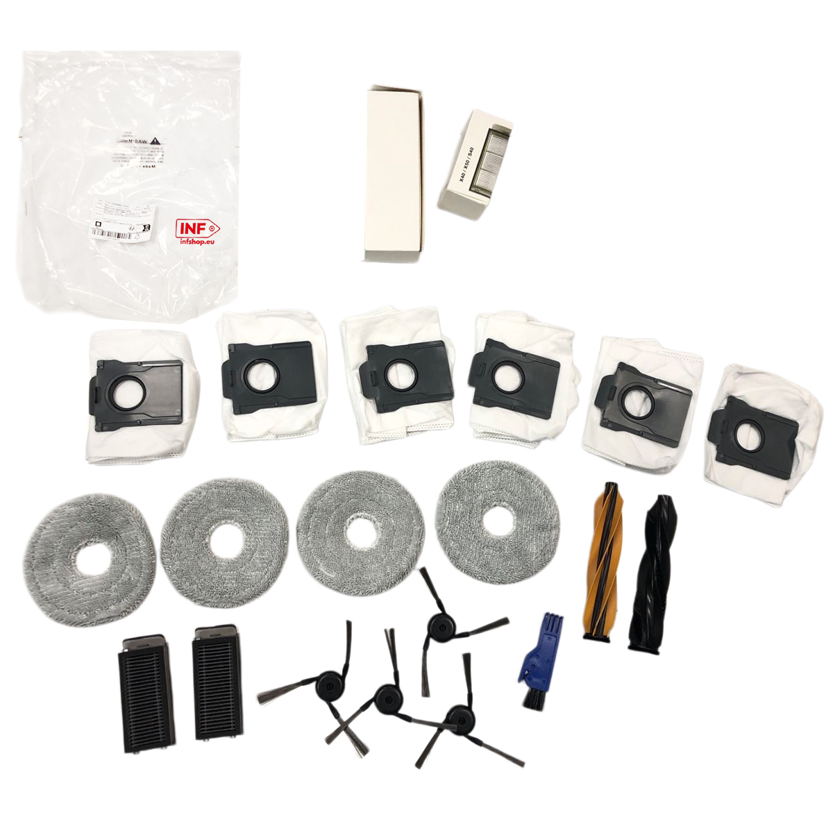 Accessori aspirapolvere: sacchetti, dischi mop, spazzole e rulli.