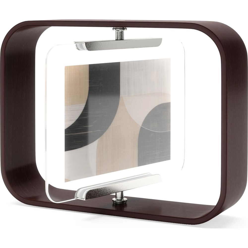 Cadre en bois marron foncé avec image abstraite beige, grise et noire.