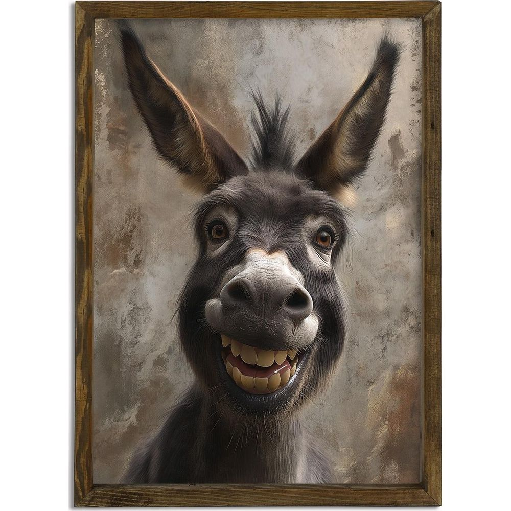 Un âne aux grandes oreilles et un large sourire, sur fond texturé.