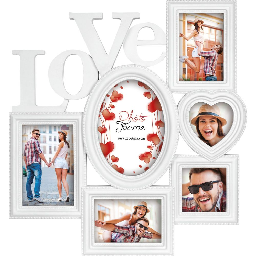 Cadre collage blanc avec lettres 'LOVE'. Comprend des couples en photo.