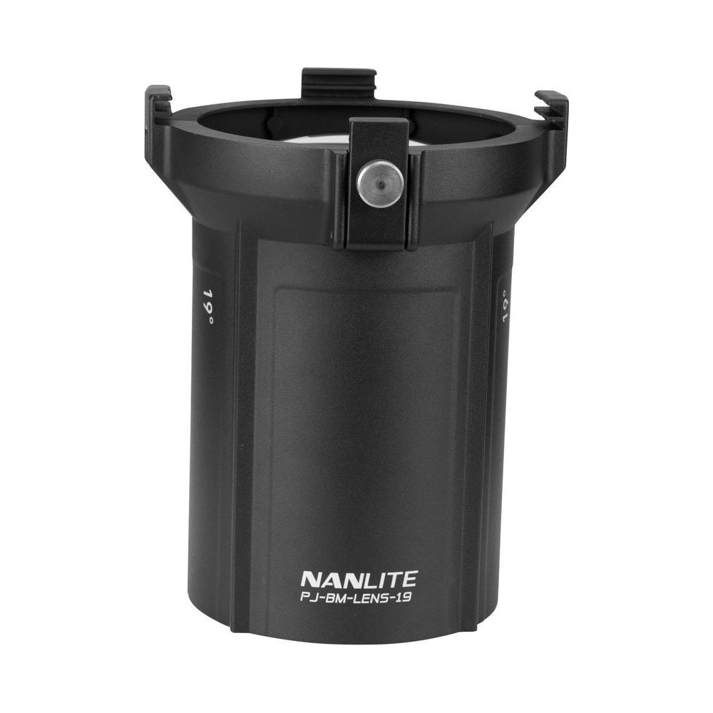 Un adaptateur de projection Nanlite PJ-BM-LENS-19 noir marqué 19°.