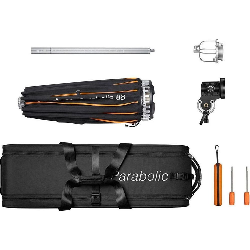Une tige argentée, un parapluie noir plié à rayures orange, un sac et trois outils.