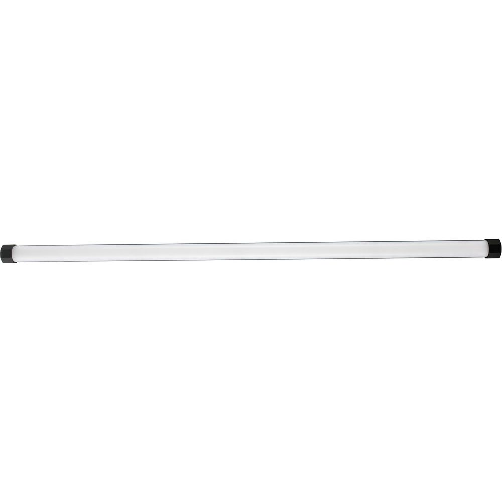 Un long tube fin et blanc avec des capuchons noirs aux extrémités sur fond blanc.