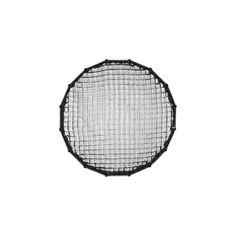 Un diffuseur octogonal en grille blanche avec des bords en tissu noir, sur fond blanc.