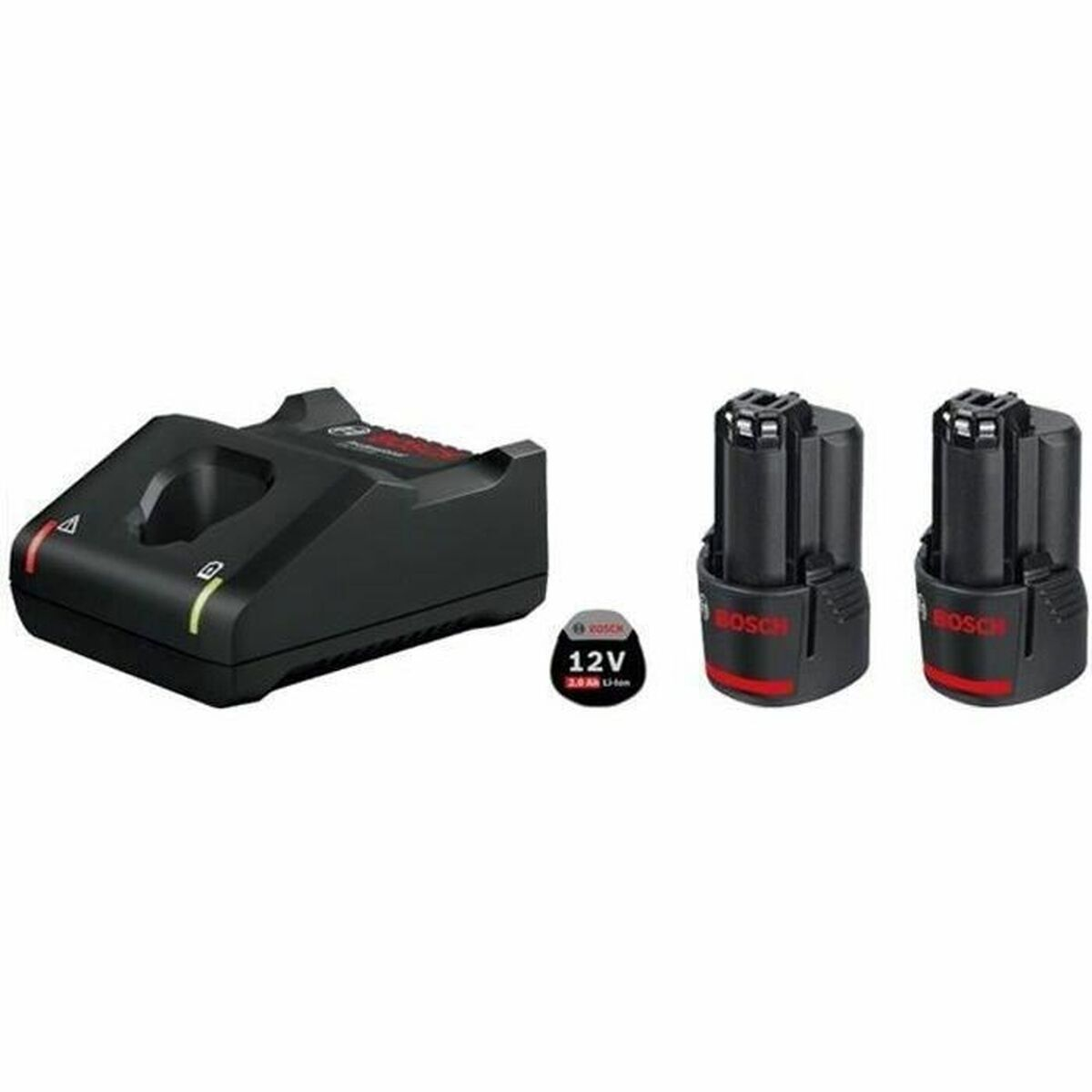 İki adet 12V Bosch pil ve 12V pil simgeli şarj cihazı.
