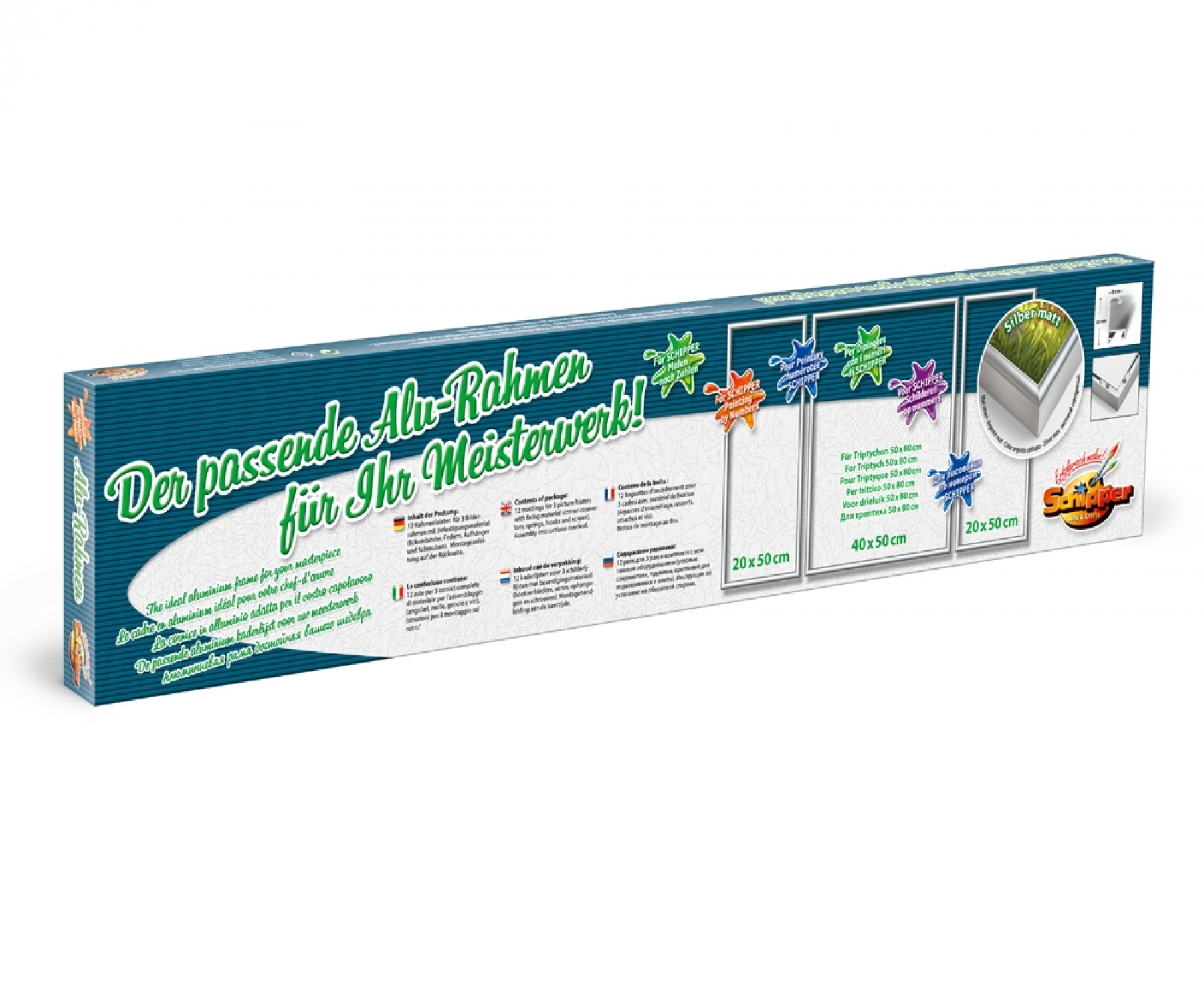 Emballage de cadre en aluminium; affiche des infos produits et tailles multilingues.
