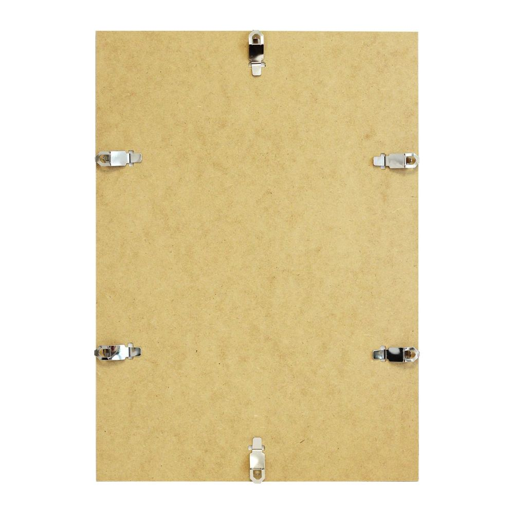 Dos d'une planche de bois marron avec six clips argentés.