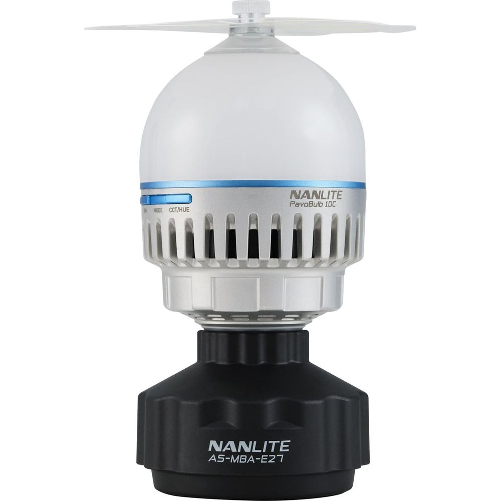 Ampoule LED blanche avec hélice, section centrale argentée et base noire.