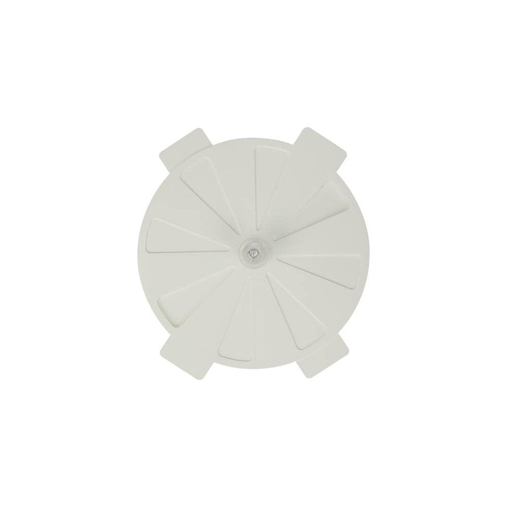 Disque rond blanc avec renfoncements en rayons et quatre protubérances rectangulaires.