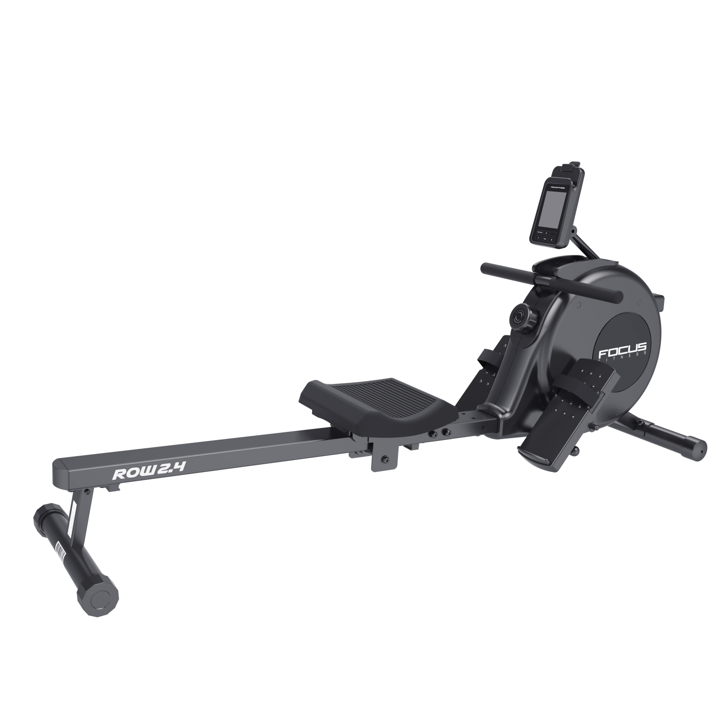 A dark rowing machine with a seat, pedals, handle, and screen.