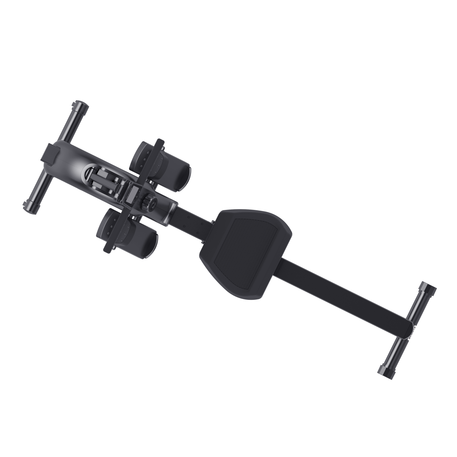 A black rowing machine with footrests and handle, seen from above.