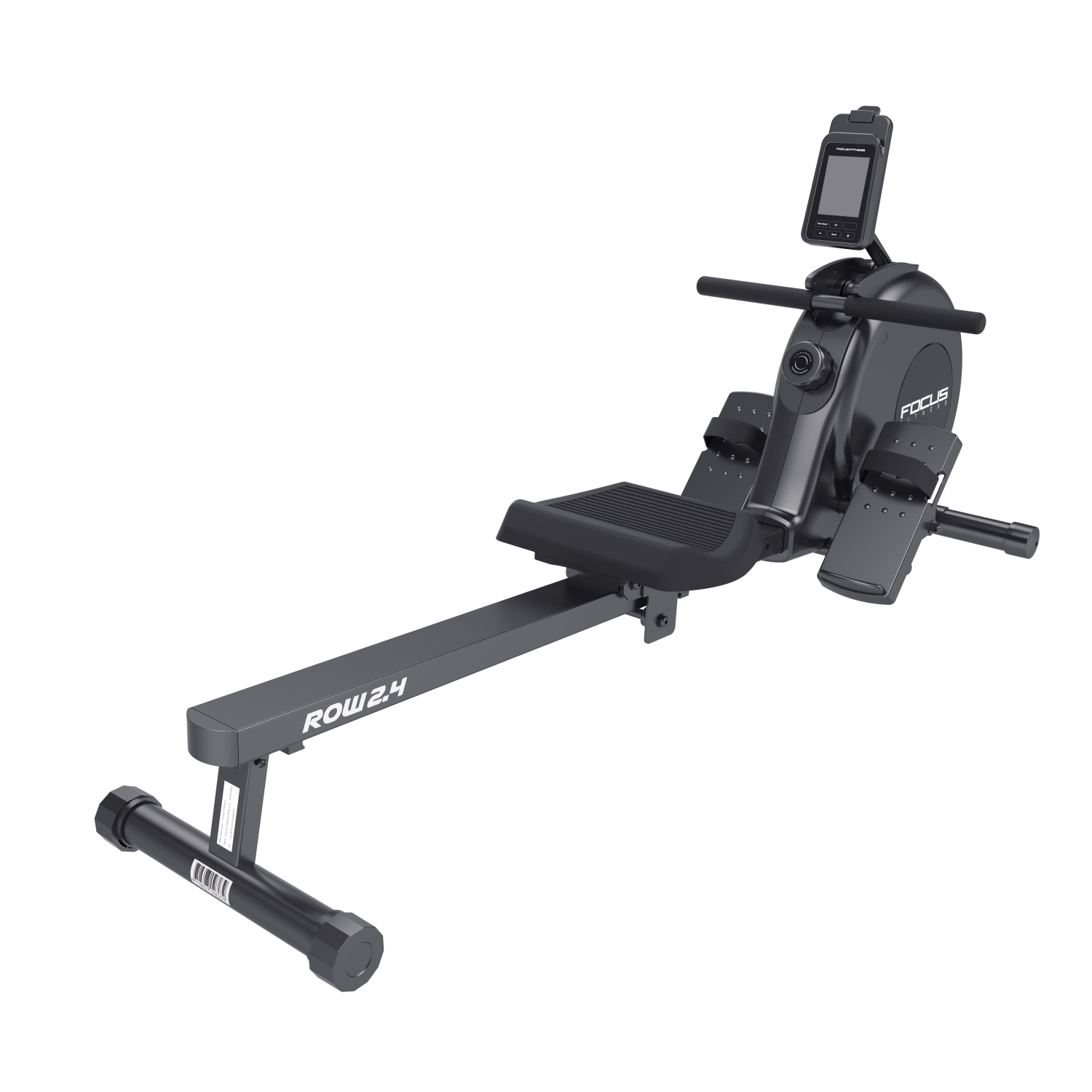 A dark rowing machine with a display screen and foot straps.