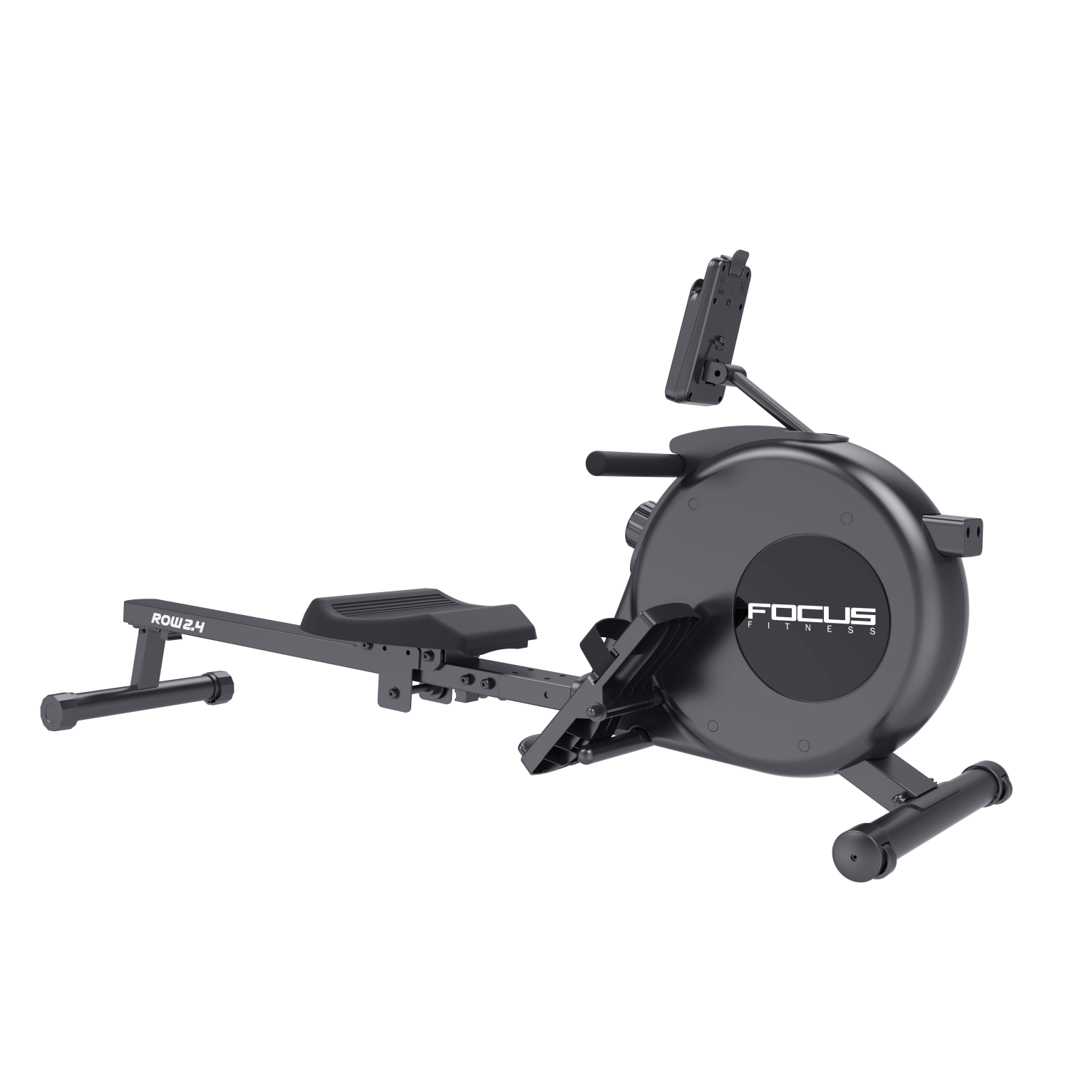 A gray rowing machine with a seat, footrests, and a monitor holder.
