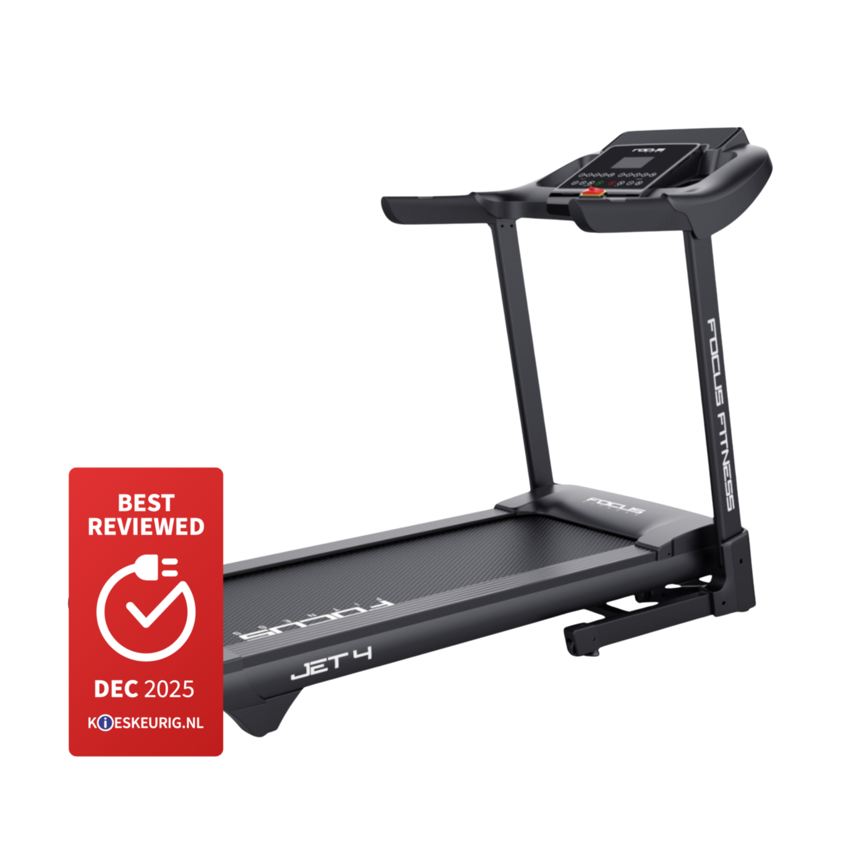 Black treadmill with red "Best Reviewed" seal and "JET 4" lettering.
