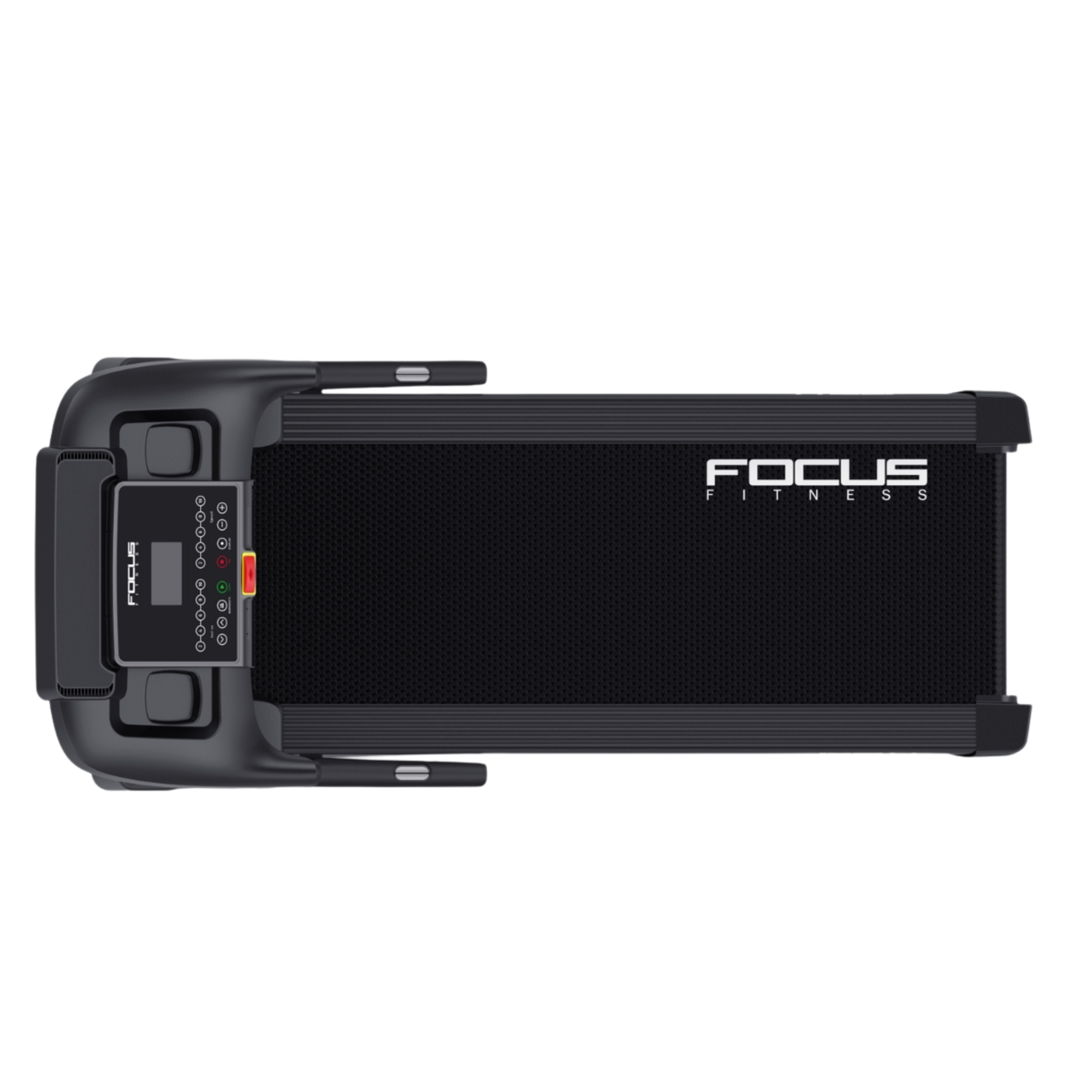 Black treadmill with digital display and control buttons. Focus Fitness logo.