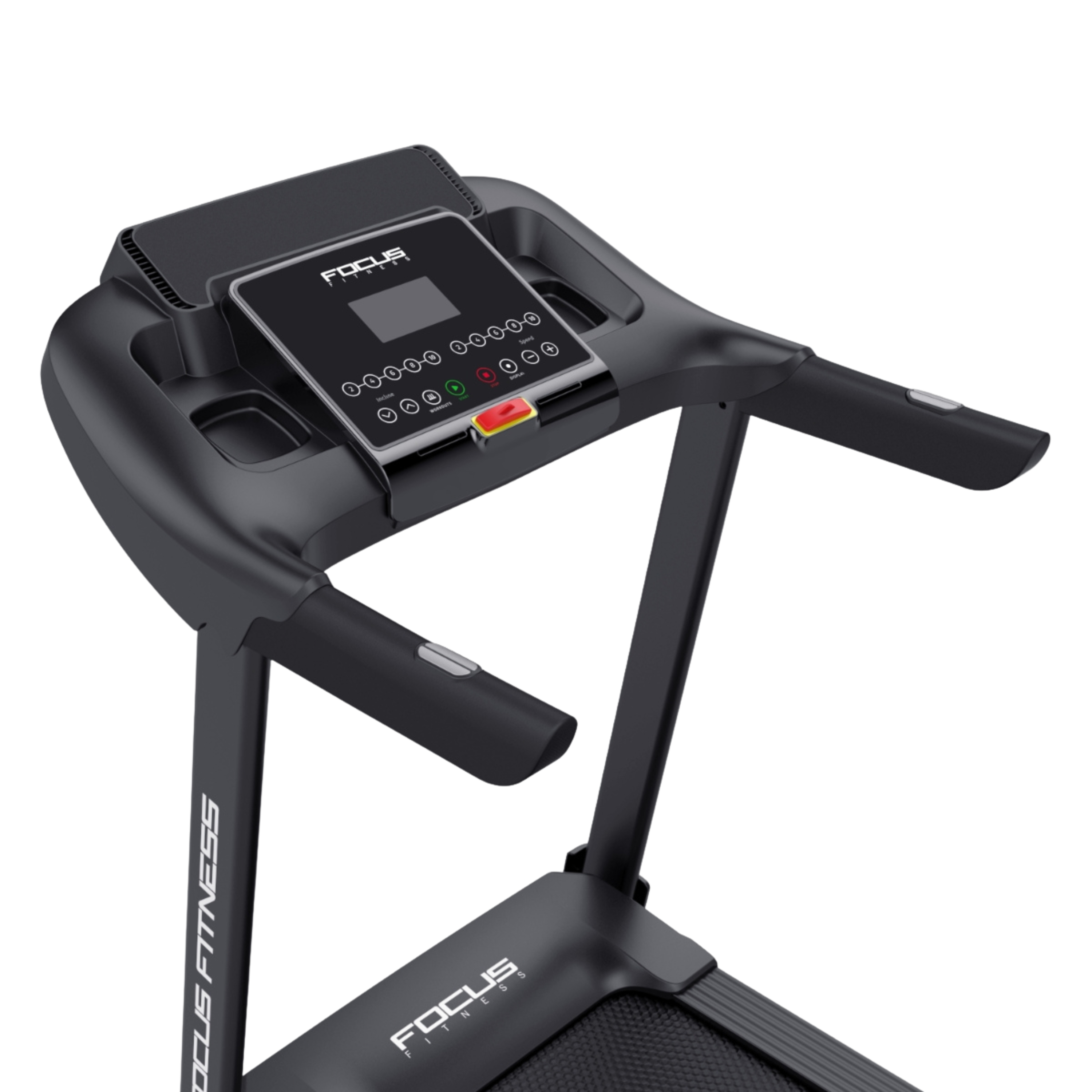 A black treadmill with a control panel showing buttons and a display screen.