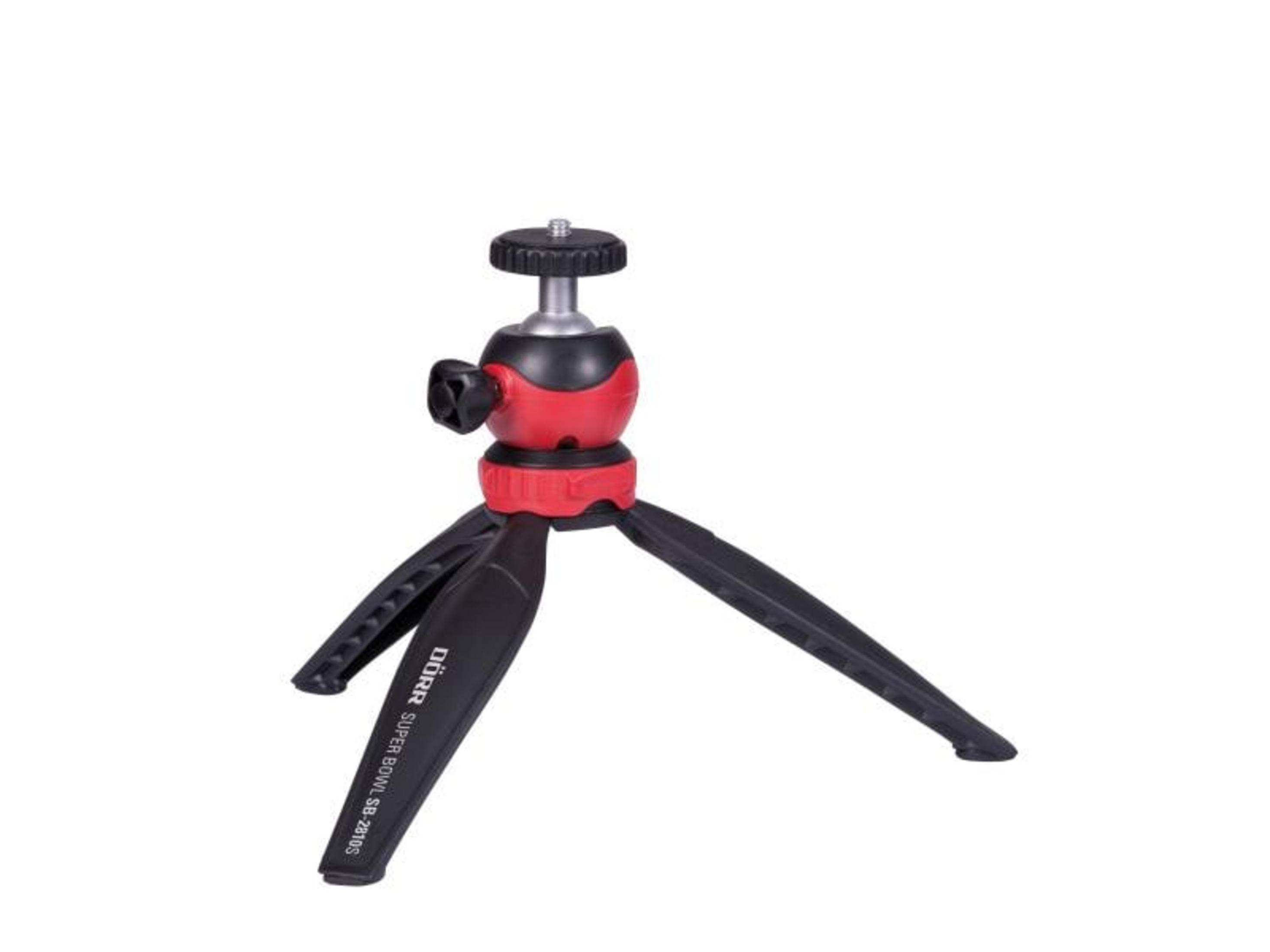 Un piccolo treppiede per fotocamera nero e rosso a tre gambe.