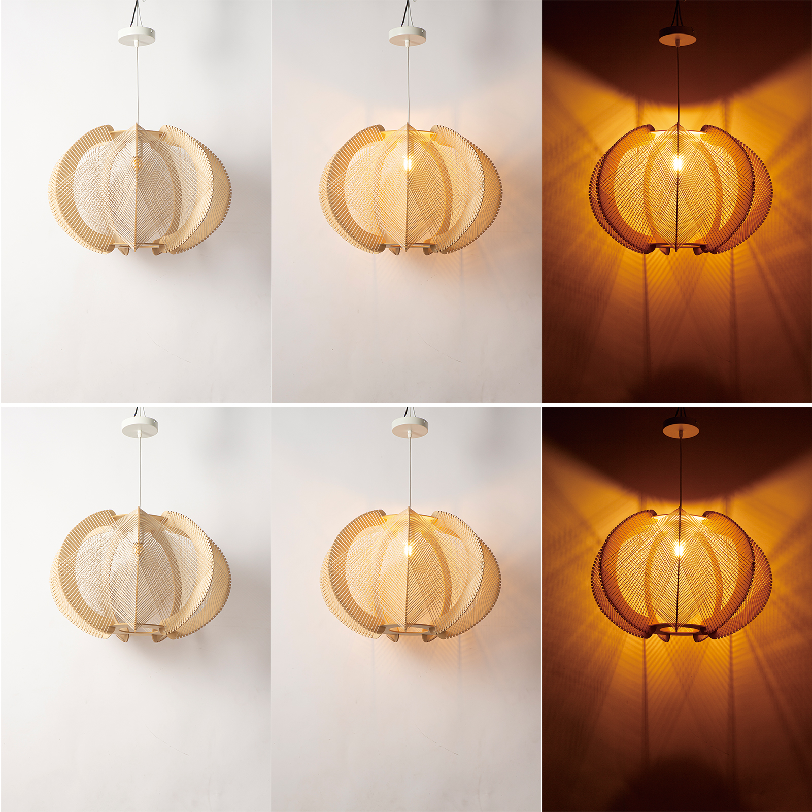 Lámpara colgante de tiras de madera con patrón de cuerdas, iluminada.
