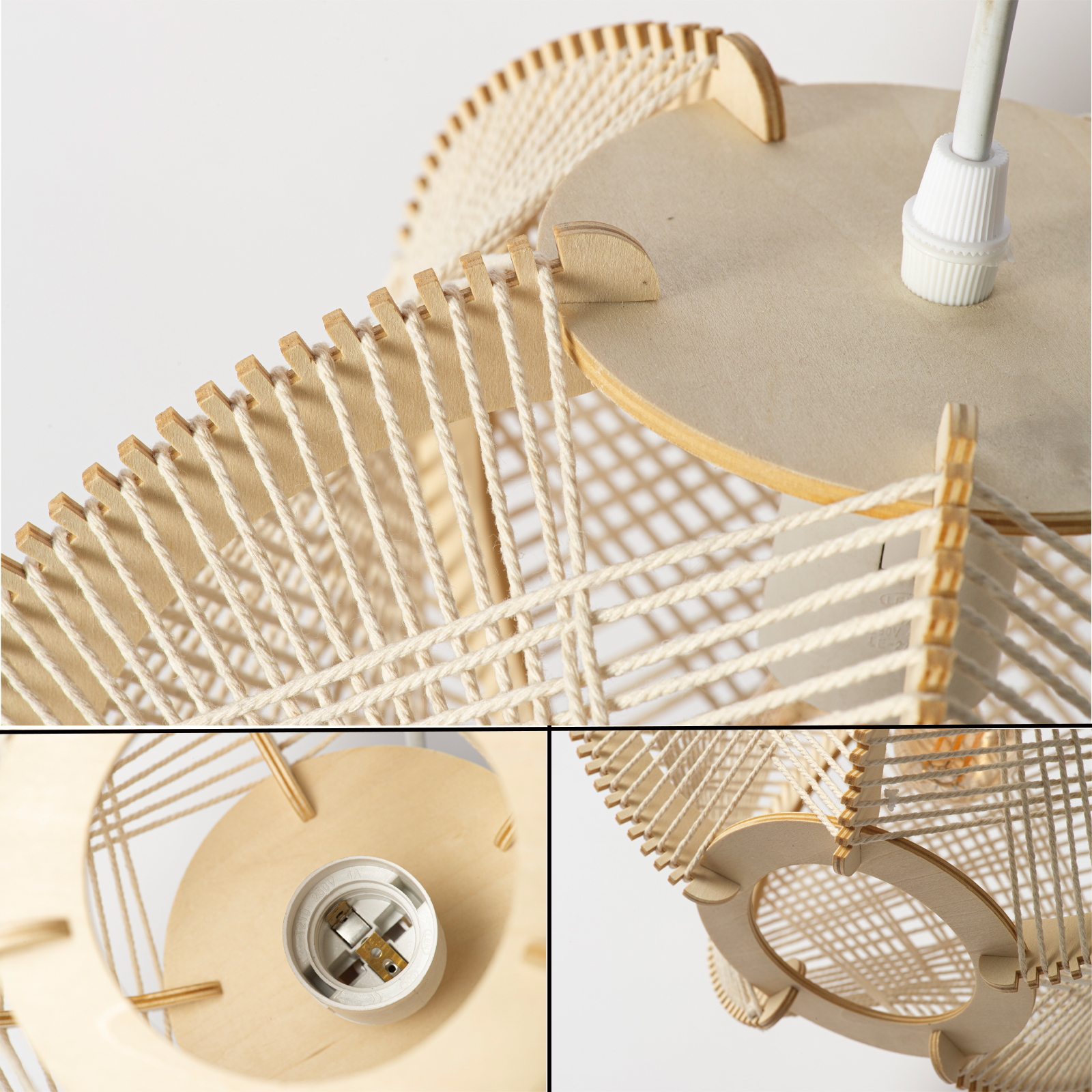 Primer plano de una lámpara colgante de madera y cuerda con portalámparas.
