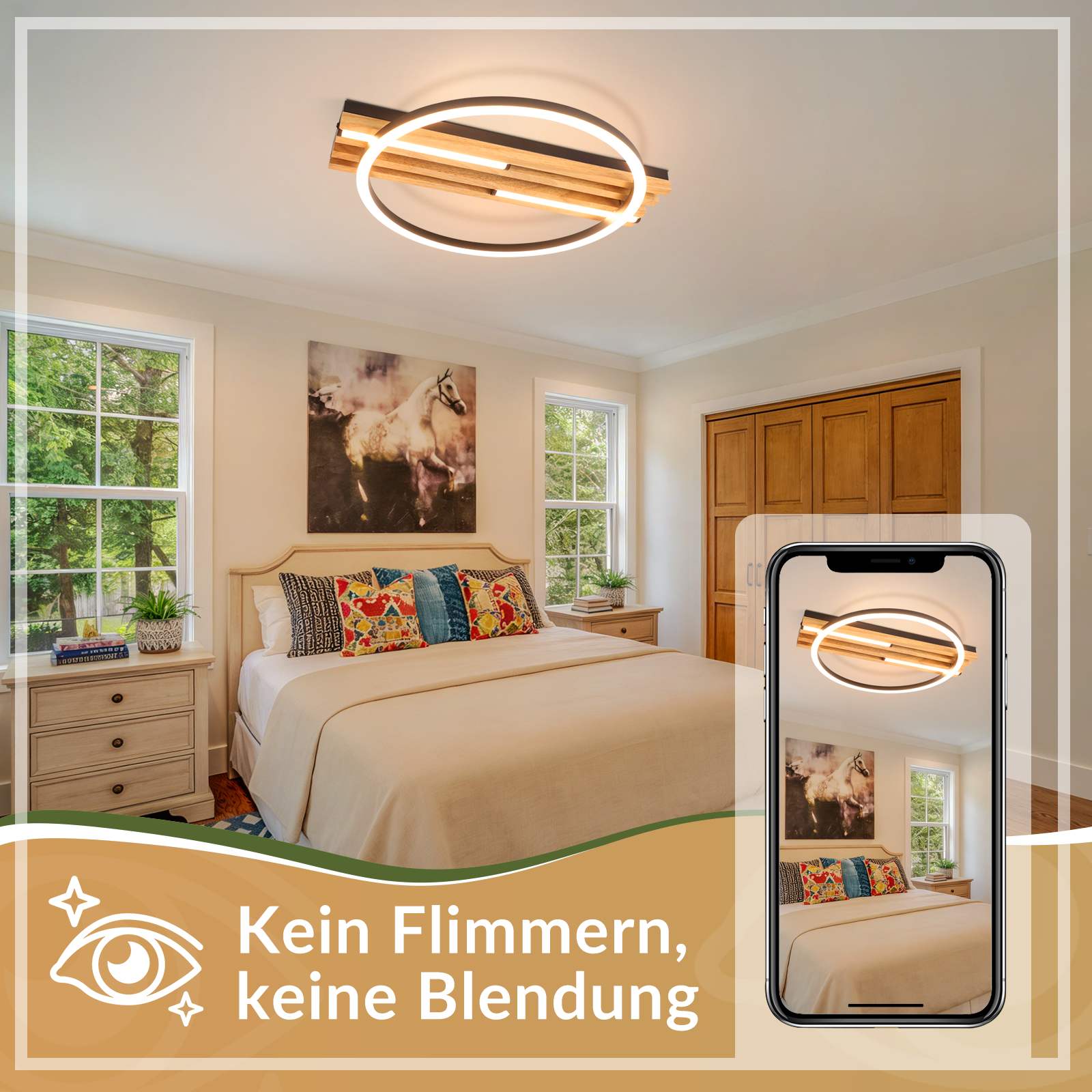 Camera da letto moderna con lampadario e quadro di cavallo, mostrata su telefono.