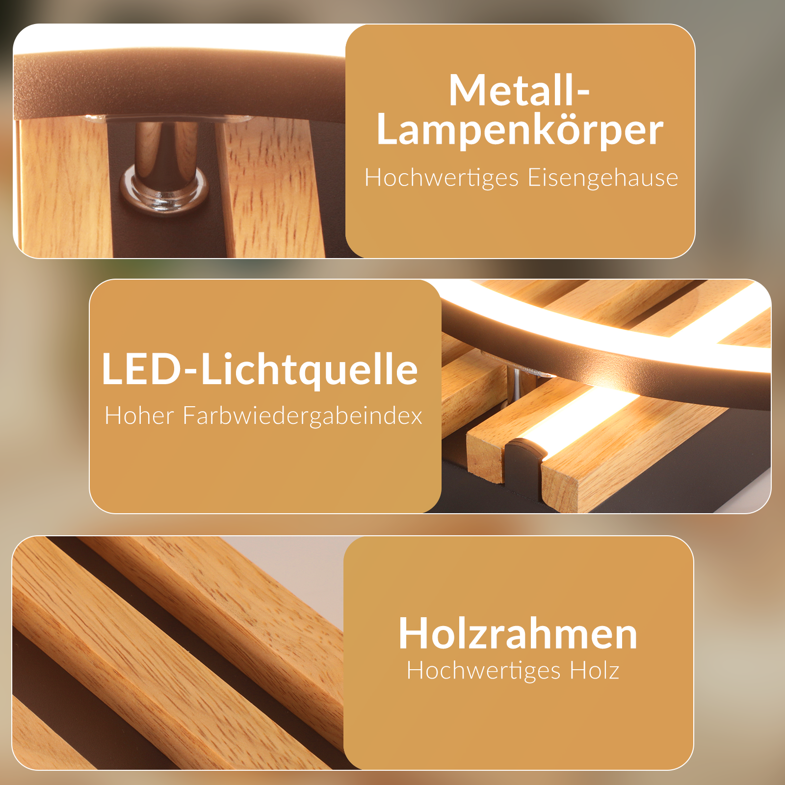 Una lampada con struttura in metallo, dettagli in legno e fonte luminosa LED.